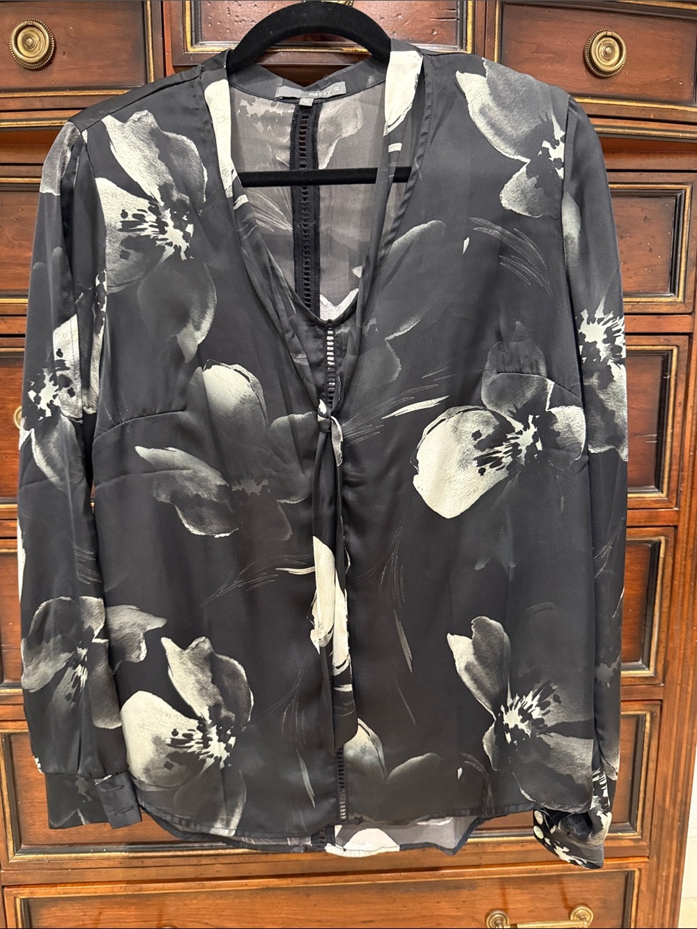Matty M Black and White Floral Tie-Front Blouse